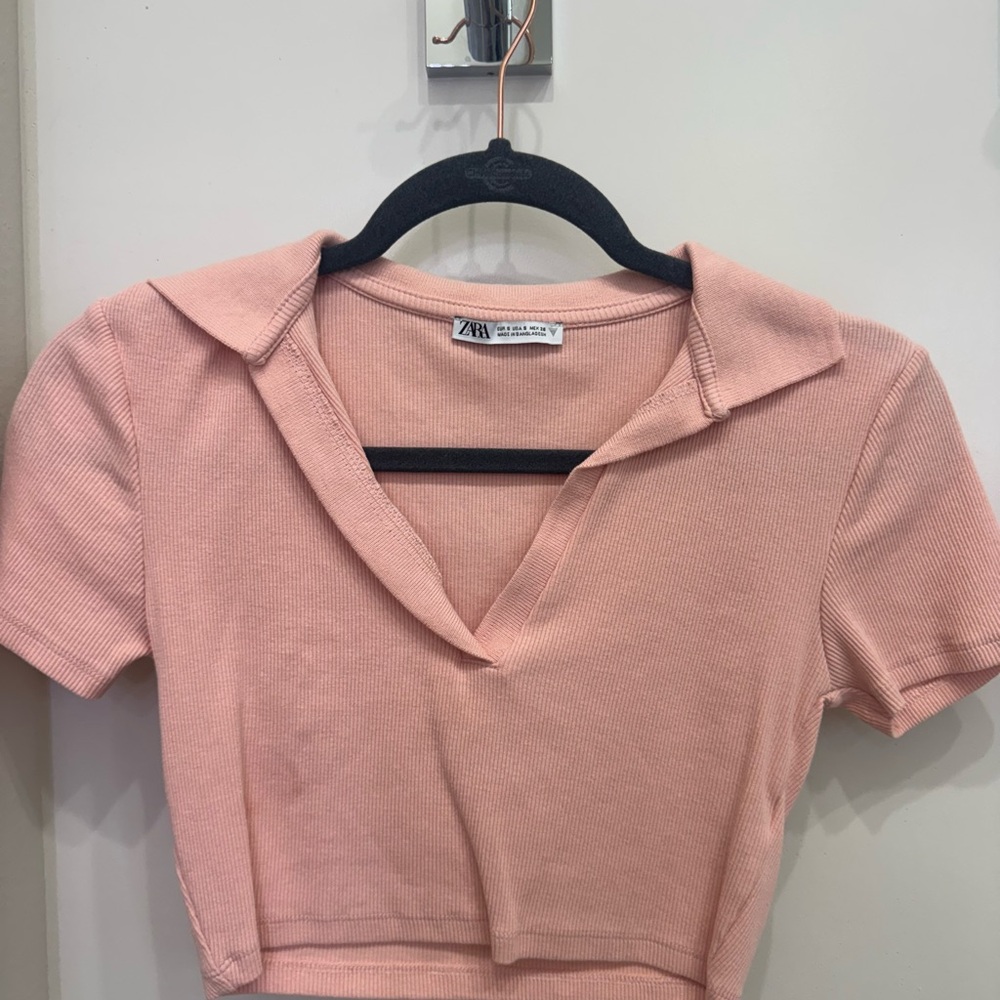 Zara Pink Fitted Crop Top with Notched Collar